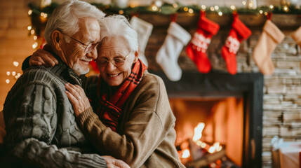 Obraz premium Elderly Caucasian couple celebrating Christmas by the fireplace. Concept of love, holiday celebration, senior lifestyle