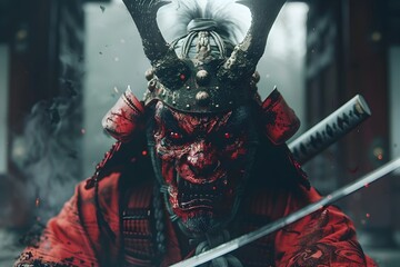 Horrifying Malevolent Japanese Demon Wielding a Cursed Katana with Malicious Predatory Scowl and Tangible Aura of Evil