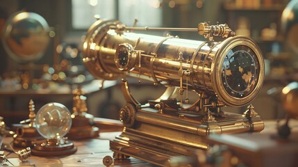 Intricate Brass and Glass Astronomical Instruments Capturing Distant Celestial Bodies in Vintage Photographic Style