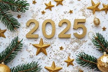 2025 Golden Numbers. White Modern New Year Background. Creative Greeting Card. Copy Space. Banner Design. Minimal Festive Mock Up. Celebrate Holiday. Flat Lay, Top View. Gold Balloons, Stars, Confetti