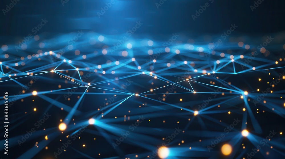 Poster abstract network connections with glowing nodes and lines on dark blue digital background futuristic