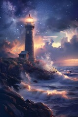 Majestic Lighthouse Guiding the Way Through the Starry Night Sky