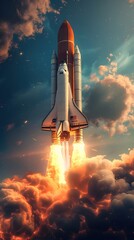 Majestic Space Rocket Soaring Into Vibrant Azure Sky Amidst Billowing Plumes