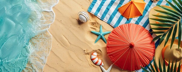 Flat lay design of summer safety tips with umbrella, beach towel, and shade items