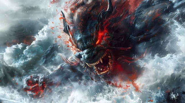 Malevolent Akuma - A Nightmarish Demonic Creature Wielding a Blood-Stained Blade in a Storm-Wracked Japanese Landscape