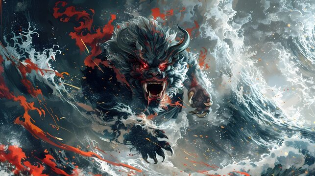 Malevolent Akuma,a Nightmarish Humanoid Creature Wielding a Wicked Blade Amidst a Storm-Wracked Japanese Landscape