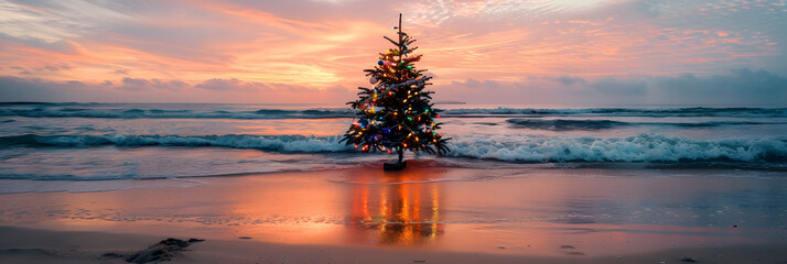 A Christmas tree decorated with colorful lights stands on the sand of an empty beach. against the backdrop of waves and sky at sunset 