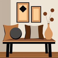 A wooden bench with rustic vases and pillows against the wall framed art prints