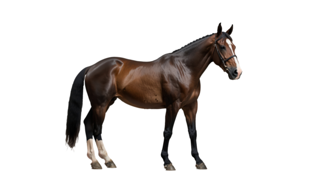 A brown horse is standing on a transparent background.