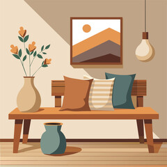 A wooden bench with rustic vases and pillows against the wall framed art prints