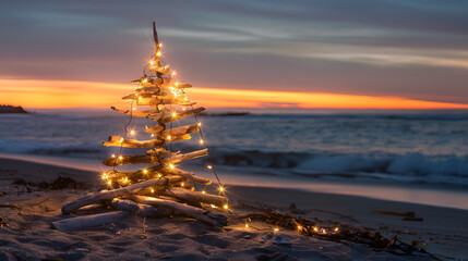 A Christmas tree made of driftwood on the beach with warm lights. atmosphere reminiscent of holiday time 