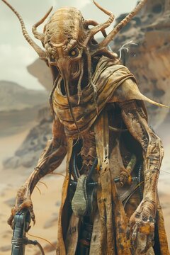 Ominous Four-Armed Alien Warlord with Loyal Slug-Like Pet in Barren Desert Sci-Fi Fantasy Landscape