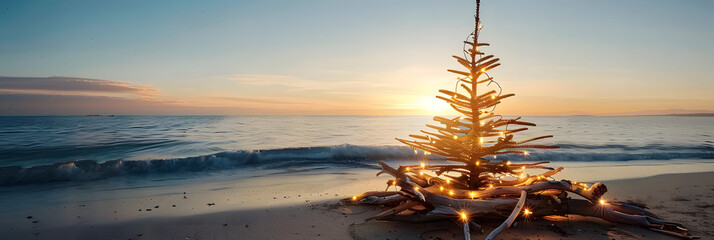 A Christmas tree made of driftwood on the beach with warm lights. atmosphere reminiscent of holiday time 