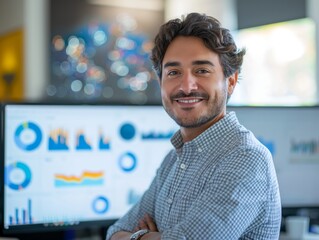 A Social Media Manager male wearing professional attire, standing in front of a computer workstation with social media analytics, smiling