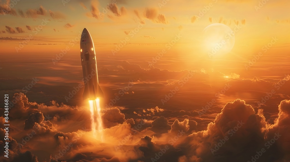 Poster sleek spacecraft soaring towards vast cosmic horizons amid dramatic golden sunset