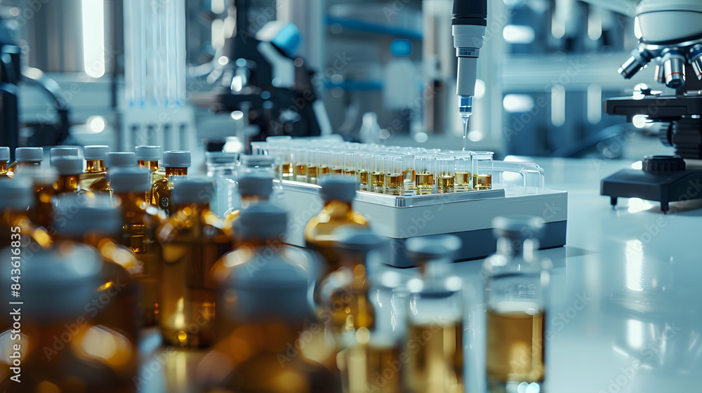 Aufkleber a close up of an innovative lab on a production line with many vials and microscopes in the backgrou