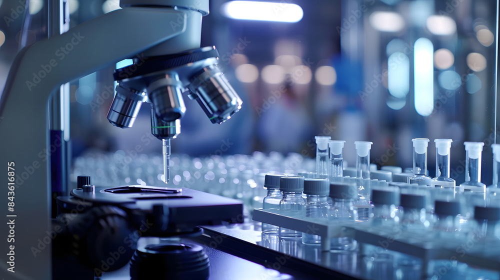 Aufkleber a close up of an innovative lab on a production line with many vials and microscopes in the backgrou