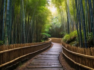 Fototapeta premium Bamboo forest in the morning. A wooden path through a bamboo forest. AI generated