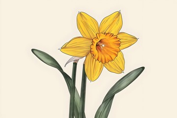 Vibrant Daffodil Flower with Black Outline and Minimalist Botanical Line Drawing Style