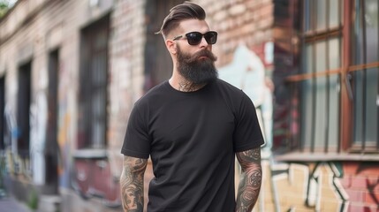 bearded man with tattoos wearing blank black tshirt attractive biker style clothing mockup