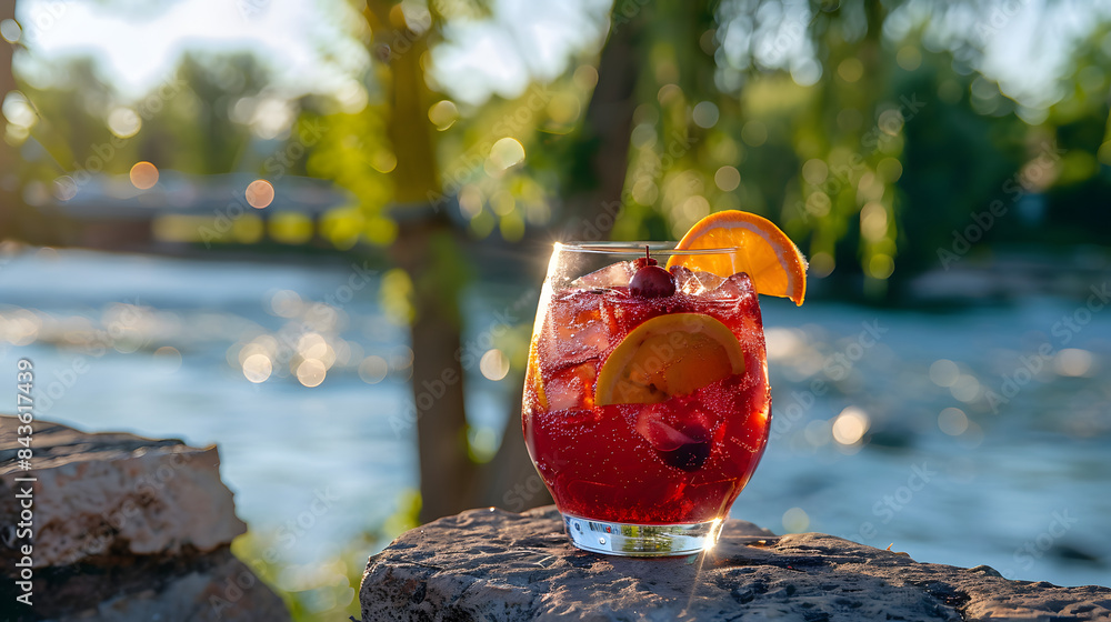 Poster a closeup of a ruby-red sangria with chipped ice sitting on a riverside ledge.