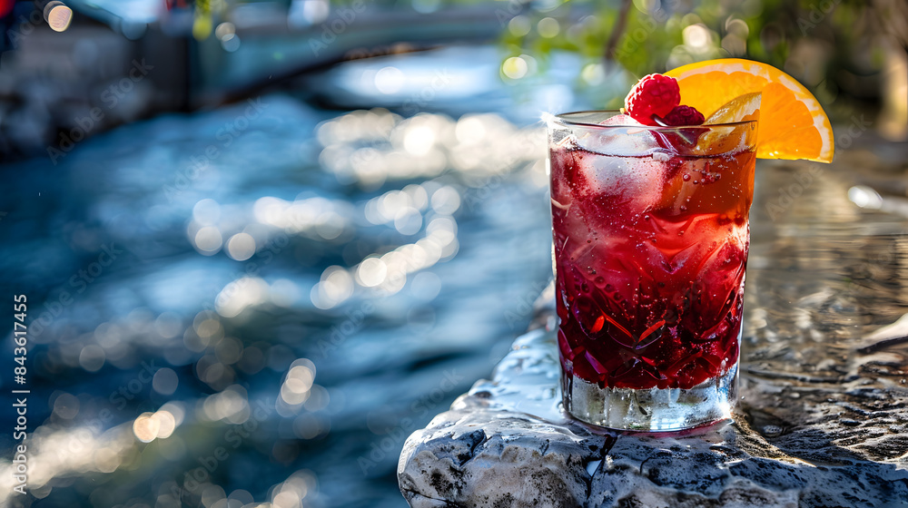 Aufkleber a closeup of a ruby-red sangria with chipped ice sitting on a riverside ledge.