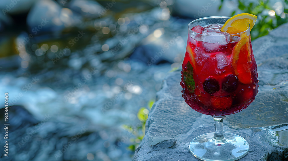 Poster a closeup of a ruby-red sangria with chipped ice sitting on a riverside ledge.