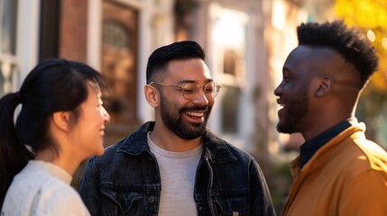 An LGBTQ couple, meeting their new neighbors outside their new home