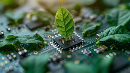 A closeup of an electronic chip with green leaves growing on it. symbolizing the integration and production of eco-friendly technology 
