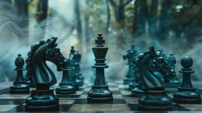 Ordinary chess pieces, a single enchanted chess knight breaks free from the board, embarking on an extraordinary adventure, symbolizing the courage to break free from societal constraints and embrace 