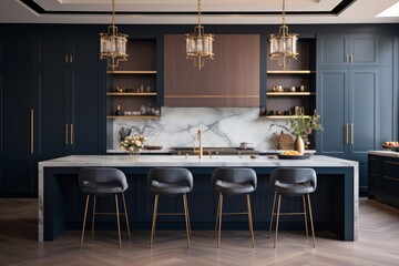 Elegant Kitchen Interior With Navy Blue Cabinets and Gold Accents. Generative AI