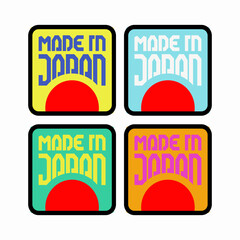 Colorful set of Made in Japan brand identity label with flag. Minimal certificate product sticker logo. Vector illustration.