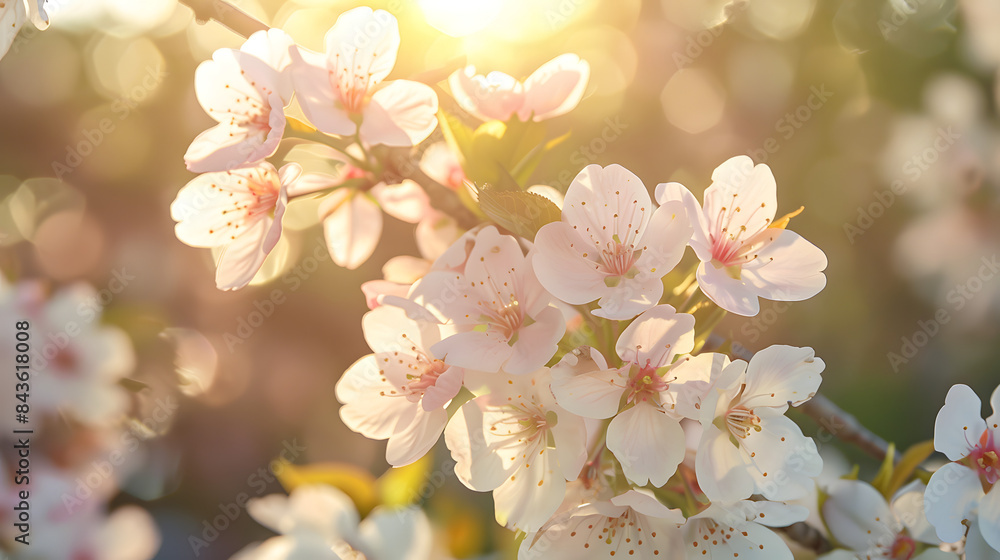 Poster a closeup of delicate pink cherry blossoms. with sunlight filtering through the branches and creatin