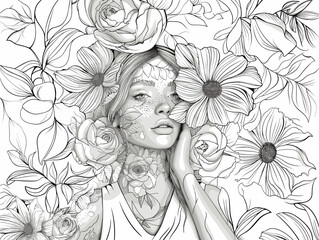 Fototapeta premium Coloring Book Page with Flowers and a womans face