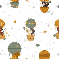 Seamless pattern. Vector illustration with forest animals. A wolf, a hare, a badger, a bear and a hedgehog are flying in balloons. Set of animals in cartoon style.