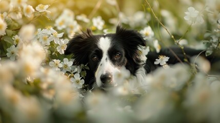Springtime dog amidst white blooms