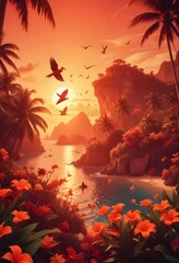 Beautiful colorful landscape tropical island with tropical birds