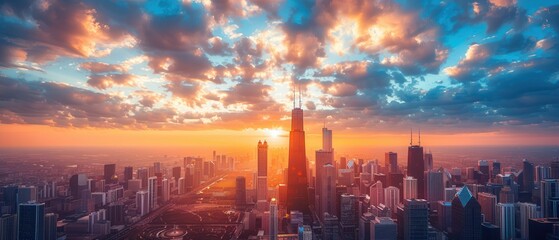 8K photo of an urban skyline at sunset with beautiful sky colors and sharp details