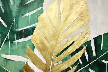 Abstract tropical plants gold ripped paper art painting tropics.