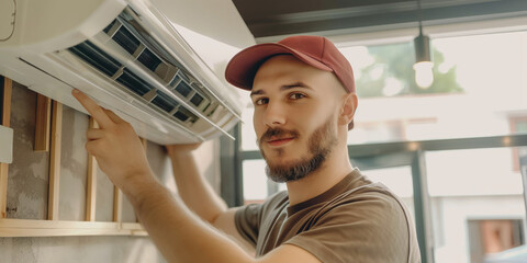 A professional technician maintains and repairs an air conditioning unit with expertise and precision.