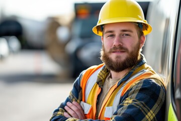 A professional engineer in a reflective vest and hardhat smiles confidently on a construction site.