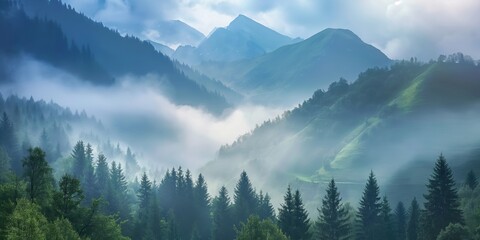 A foggy mountain scenery with misty peaks, dense woods, and breathtaking views of nature.