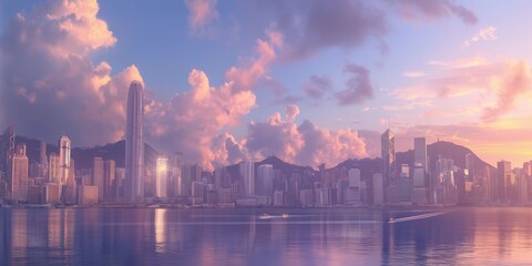 Fototapeta premium The urban skyline of a city at dusk, with skyscrapers towering over the waterfront and harbor.