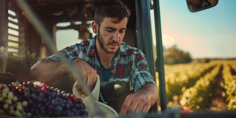 A handsome farmer works in the vineyard, harvesting grapes under the summer sun, driving a tractor.