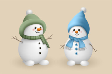 A set of cute funny smiling snowmen in hats and knitted scarves. Christmas characters
