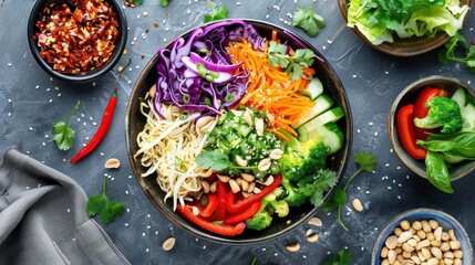 crunchy asian ramen noodle salad with vibrant vegetables and peanut dressing food photography