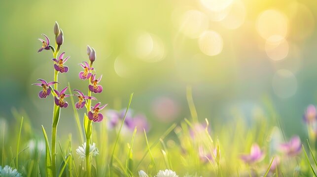 Greek wildflowers known as Ophrys sphegodes having the common names bee orchid wasp orchid and passiontide orchid captured against a green backdrop