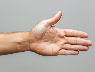 Open hand outstretched, palm up, isolated on grey background.