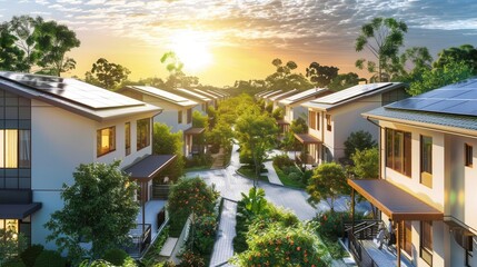 Fototapeta premium ecofriendly neighborhood with beautiful houses and solar panels sustainable living concept ai generated image