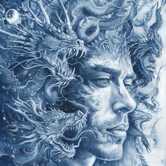 Man in mystic fire and ornamental dragons, pencil sketch on paper, blue effect